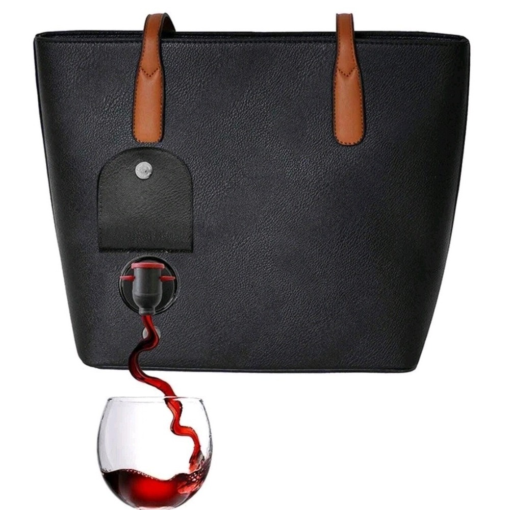 PortoVino Wine Tote‎ Bag Women Large Black Tan Vegan Leather Hidden Dispenser